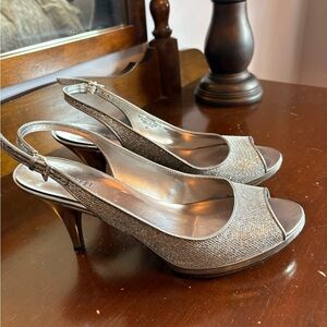 Nine West Silver Peep-Toe Slingback Heels